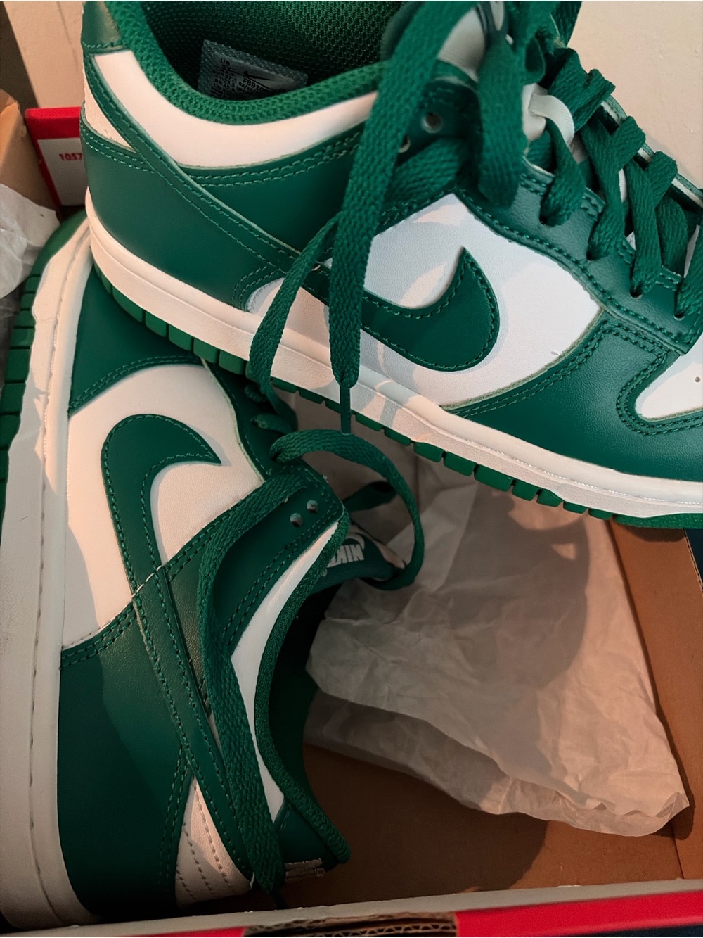 Nike White and Malachite Dunk Low (GS) Box Label